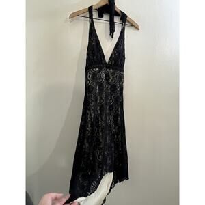 Vtg Goth Romantic Victorian Lace Halter Asymmetrical Dress L Y2K Coquette Fairy